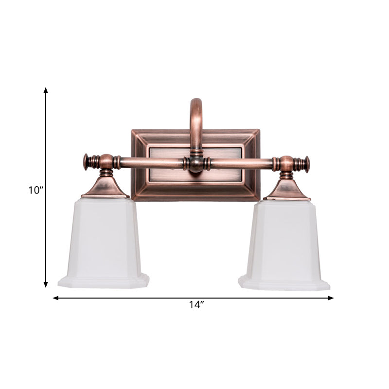 Copper 2/3-Head Vanity Light Fixture Traditional Ivory Glass Trapezoid Wall Lighting with Twist Arm for Bathroom Clearhalo 'Vanity Lights' 'Wall Lights' Lighting' 1475661