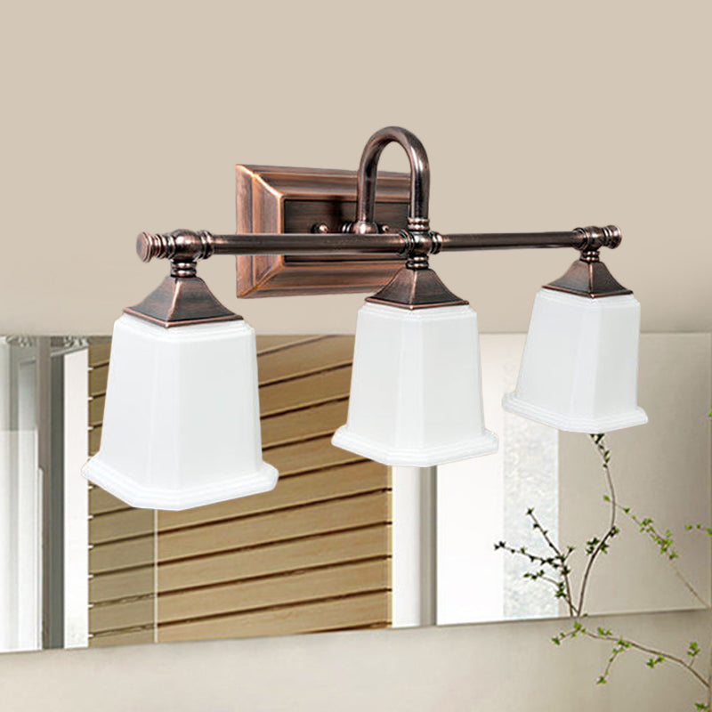 Copper 2/3-Head Vanity Light Fixture Traditional Ivory Glass Trapezoid Wall Lighting with Twist Arm for Bathroom Clearhalo 'Vanity Lights' 'Wall Lights' Lighting' 1475662