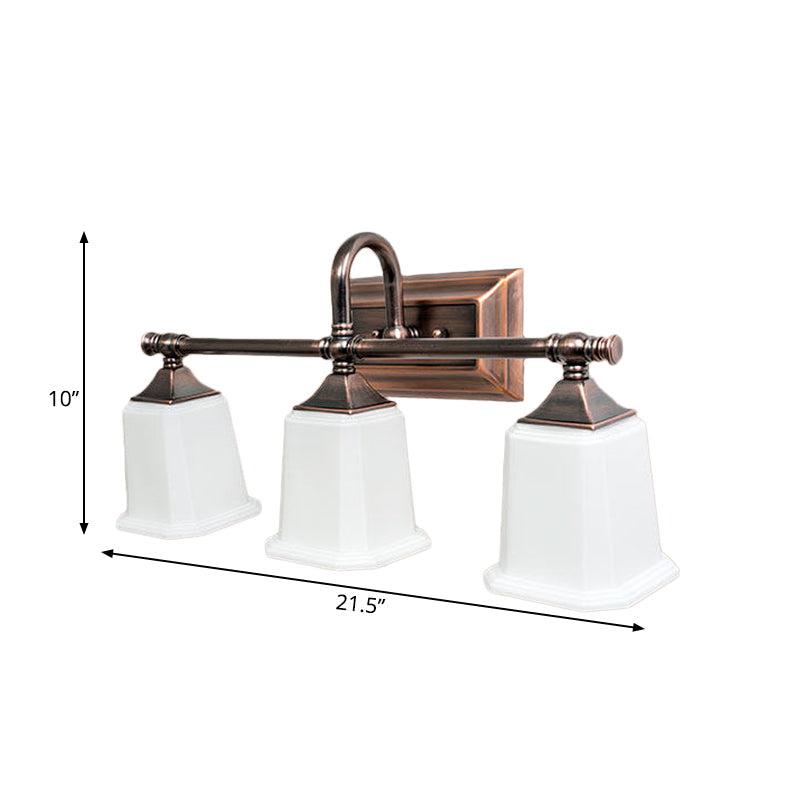 Copper 2/3-Head Vanity Light Fixture Traditional Ivory Glass Trapezoid Wall Lighting with Twist Arm for Bathroom Clearhalo 'Vanity Lights' 'Wall Lights' Lighting' 1475666