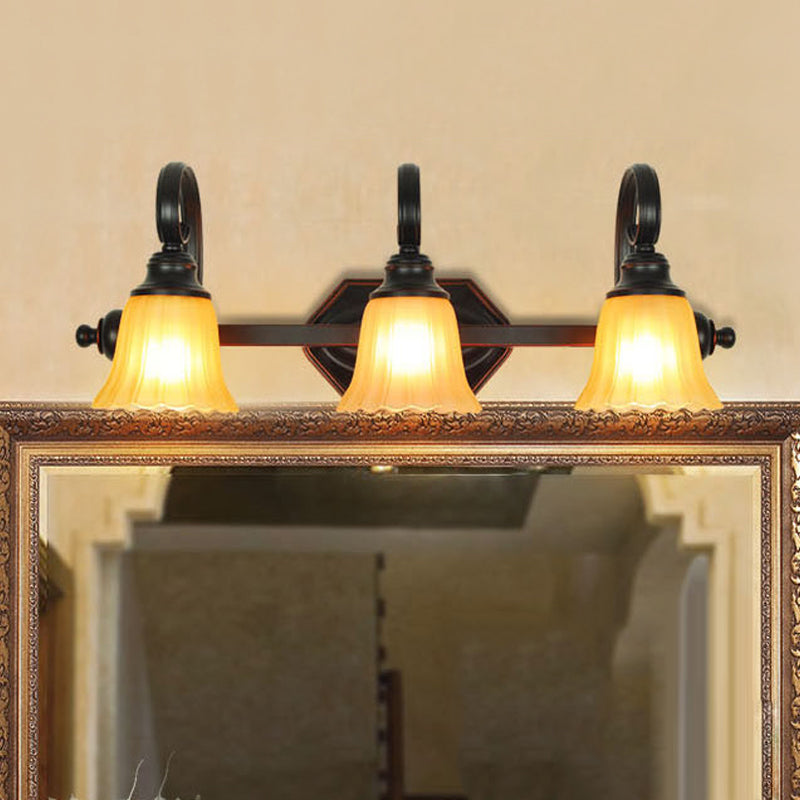 Black Flared Vanity Lighting Fixture Rural Frosted Glass 2/3 Heads Bathroom Wall Sconce with Swirl Arm Clearhalo 'Vanity Lights' 'Wall Lights' Lighting' 1475668