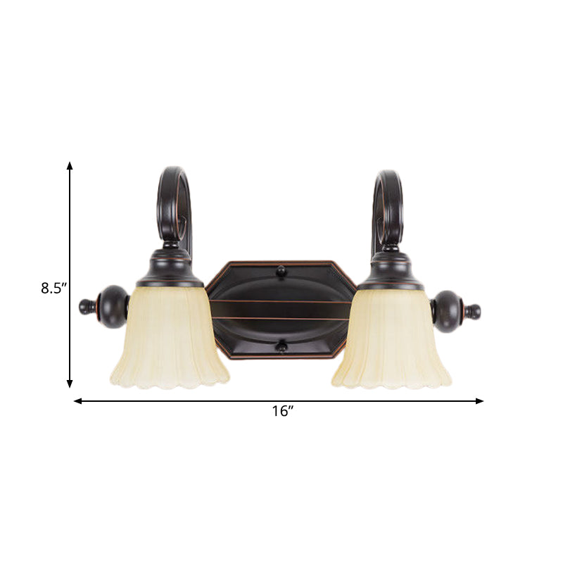 Black Flared Vanity Lighting Fixture Rural Frosted Glass 2/3 Heads Bathroom Wall Sconce with Swirl Arm Clearhalo 'Vanity Lights' 'Wall Lights' Lighting' 1475676