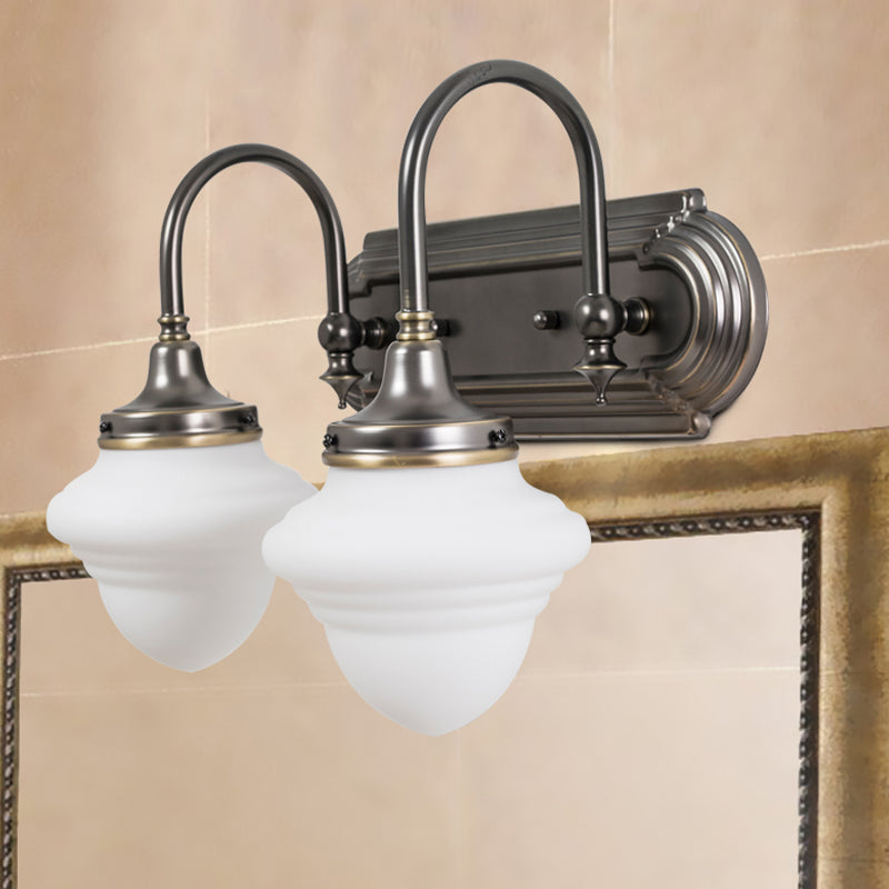 Rural Schoolhouse Vanity Lighting 2 Heads Opal Glass Wall Mounted Lamp in Black with Metal Curved Arm Black Clearhalo 'Vanity Lights' 'Wall Lights' Lighting' 1475697