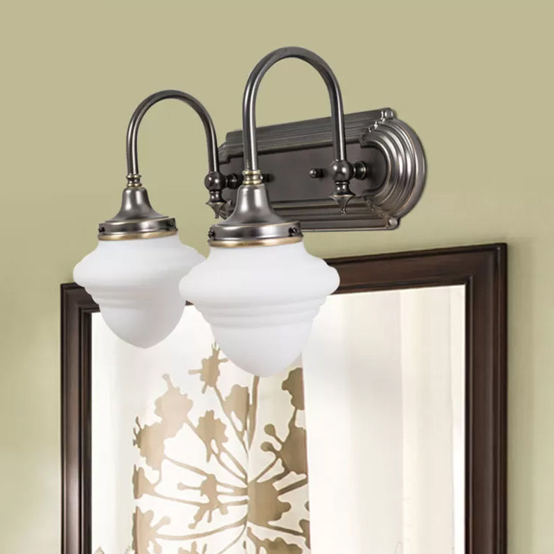 Rural Schoolhouse Vanity Lighting 2 Heads Opal Glass Wall Mounted Lamp in Black with Metal Curved Arm Clearhalo 'Vanity Lights' 'Wall Lights' Lighting' 1475698