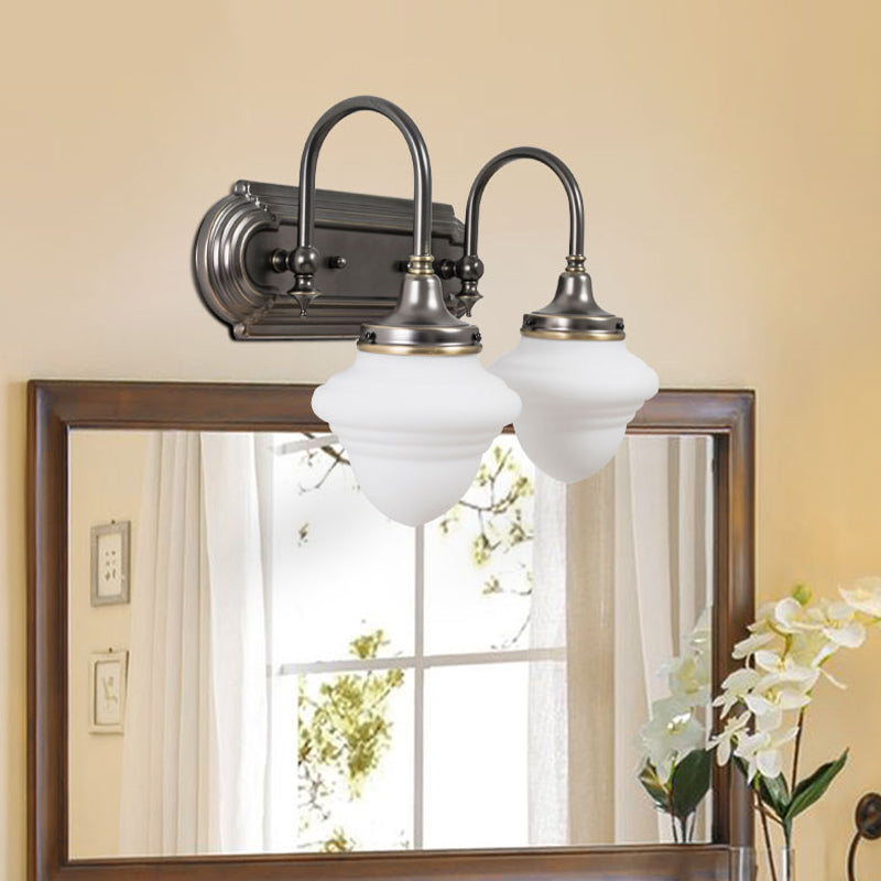 Rural Schoolhouse Vanity Lighting 2 Heads Opal Glass Wall Mounted Lamp in Black with Metal Curved Arm Clearhalo 'Vanity Lights' 'Wall Lights' Lighting' 1475699