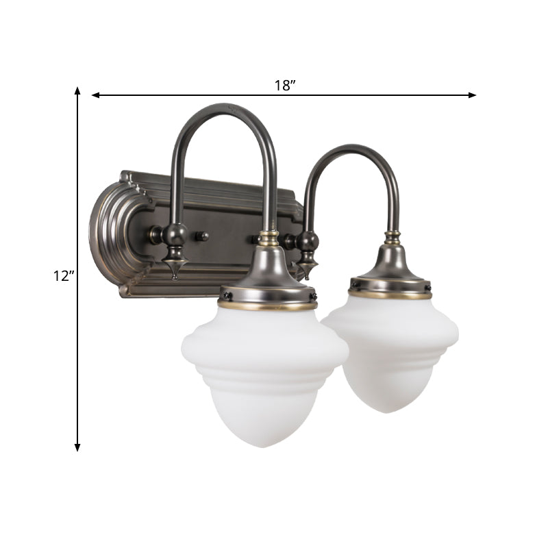 Rural Schoolhouse Vanity Lighting 2 Heads Opal Glass Wall Mounted Lamp in Black with Metal Curved Arm Clearhalo 'Vanity Lights' 'Wall Lights' Lighting' 1475701