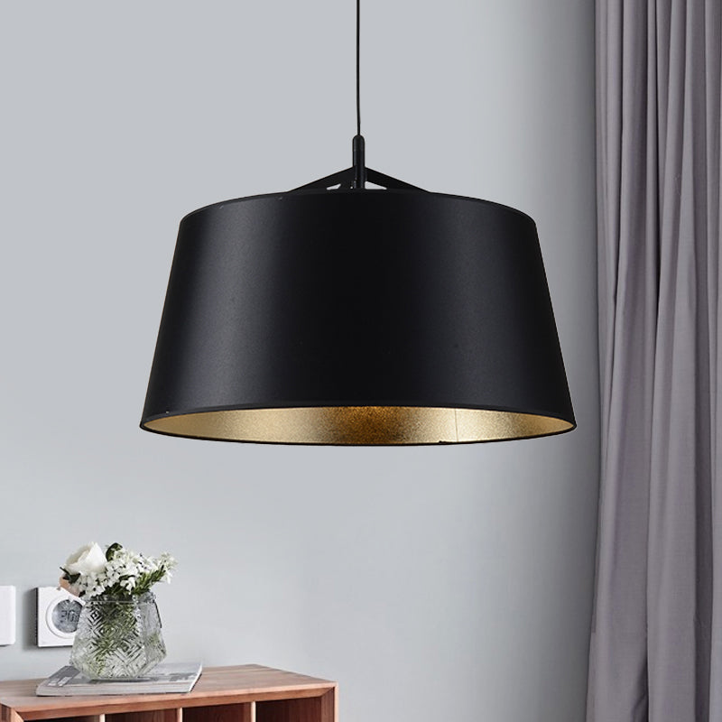 1-Bulb Hanging Light Kit Rural Dining Room Suspension Pendant with Tapered Drum Fabric Shade in Black, 16.5