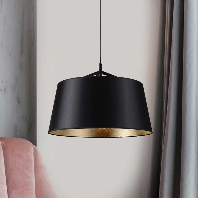 1-Bulb Hanging Light Kit Rural Dining Room Suspension Pendant with Tapered Drum Fabric Shade in Black, 16.5