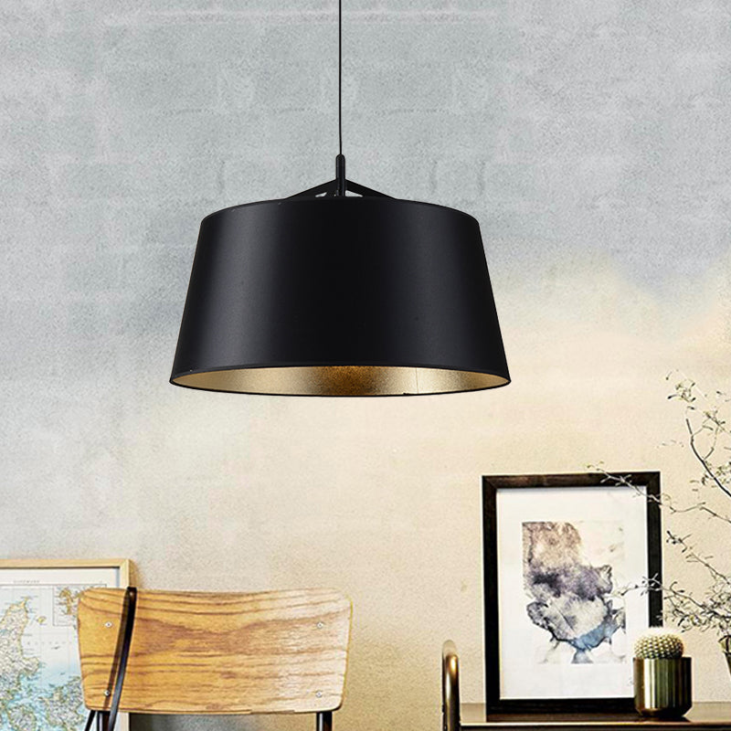 1-Bulb Hanging Light Kit Rural Dining Room Suspension Pendant with Tapered Drum Fabric Shade in Black, 16.5