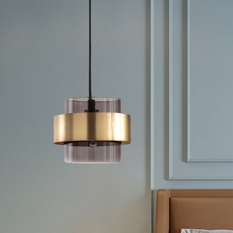 Smoke Grey Glass Pillar Pendant Light Mid Century Single-Bulb Hanging Ceiling Light with Gold Ring Guard over Table Clearhalo 'Ceiling Lights' 'Glass shade' 'Glass' 'Modern Pendants' 'Modern' 'Pendant Lights' 'Pendants' Lighting' 1475904