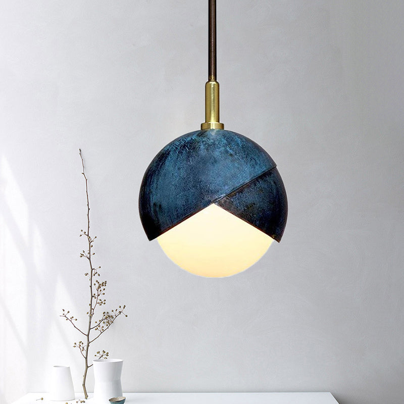 Milk Glass Mini Globe Pendant Light Vintage 1 Light Hanging Ceiling Light with Blue Double Dome Cap Clearhalo 'Ceiling Lights' 'Glass shade' 'Glass' 'Modern Pendants' 'Modern' 'Pendant Lights' 'Pendants' Lighting' 1475947