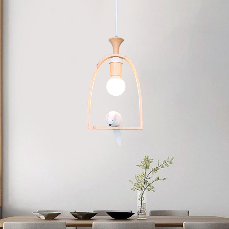 Single Dinette Hanging Pendant Nordic Green/White Ceiling Light with Arch Wood Frame and Bird Decoration White Clearhalo 'Ceiling Lights' 'Modern Pendants' 'Modern' 'Pendant Lights' 'Pendants' Lighting' 1475982