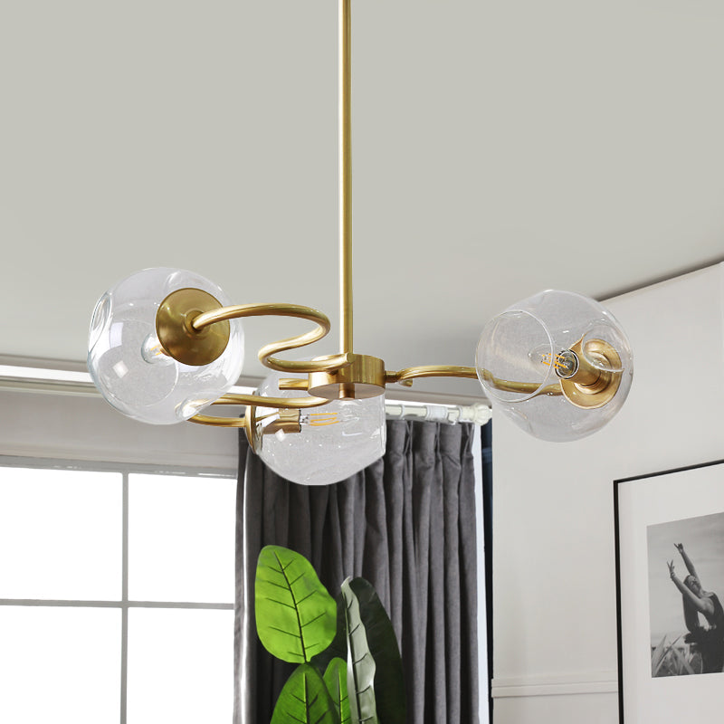 Swirling Flush Mount Chandelier Postmodern Transparent Glass 3-Light Bedroom Semi Mount Lighting in Brass Brass Clearhalo 'Ceiling Lights' 'Close To Ceiling Lights' 'Close to ceiling' 'Glass shade' 'Glass' 'Island Lights' 'Semi-flushmount' Lighting' 1476094