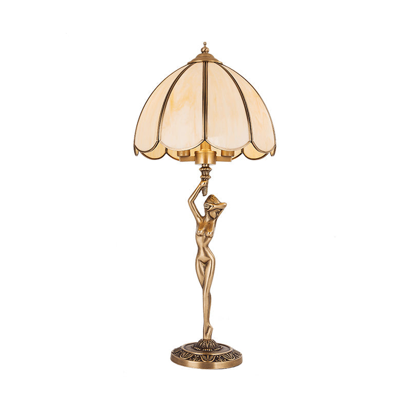 Scalloped Bedroom Night Lamp Colonialism Beige Glass 2-Head Gold Table Lighting with Naked Woman Base Clearhalo 'Lamps' 'Table Lamps' Lighting' 1476204