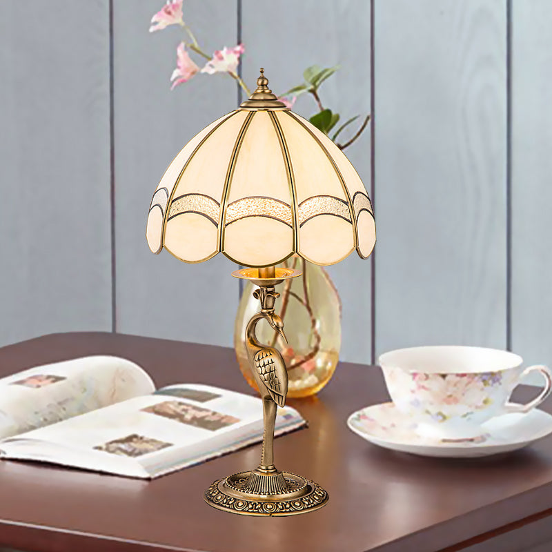 1/2-Light Dome/Bowl Night Lamp Traditional Gold Finish White Glass Nightstand Light with Peacock/Elliptical Frame Design Gold B Clearhalo 'Lamps' 'Table Lamps' Lighting' 1476228