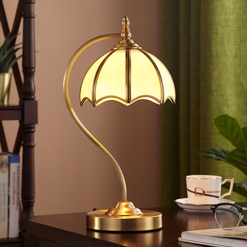 Opal Glass Gold Table Lamp Scalloped 1 Light Colonial Style Night Lighting with Curved Arm Gold Clearhalo 'Lamps' 'Table Lamps' Lighting' 1476276