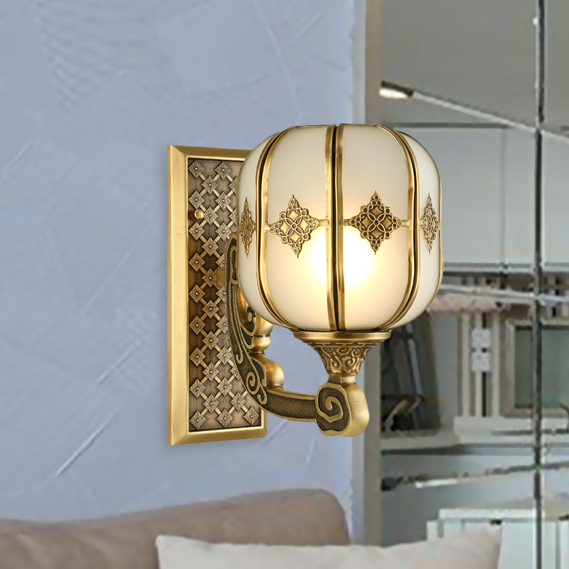 Lantern Bedroom Wall Sconce Light Colonial Frosted Glass 1-Bulb Gold Wall Lamp with Curved/Straight Arm Clearhalo 'Wall Lamps & Sconces' 'Wall Lights' Lighting' 1476308