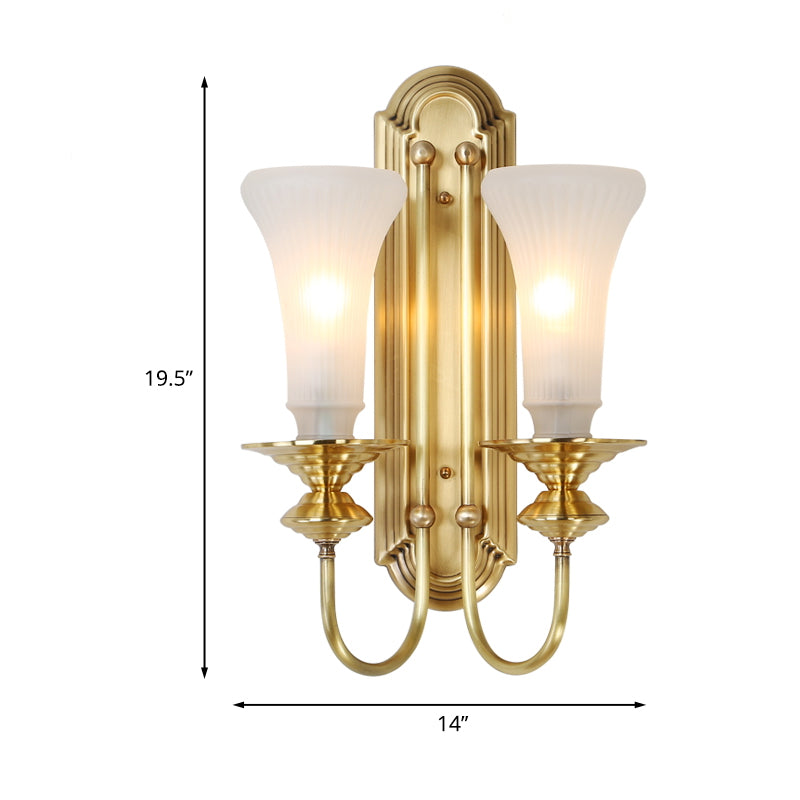 1/2-Bulb Bell Wall Sconce Lamp Colonial Gold Frosted White Glass Wall Light with Metal Gooseneck Arm Clearhalo 'Wall Lamps & Sconces' 'Wall Lights' Lighting' 1476335