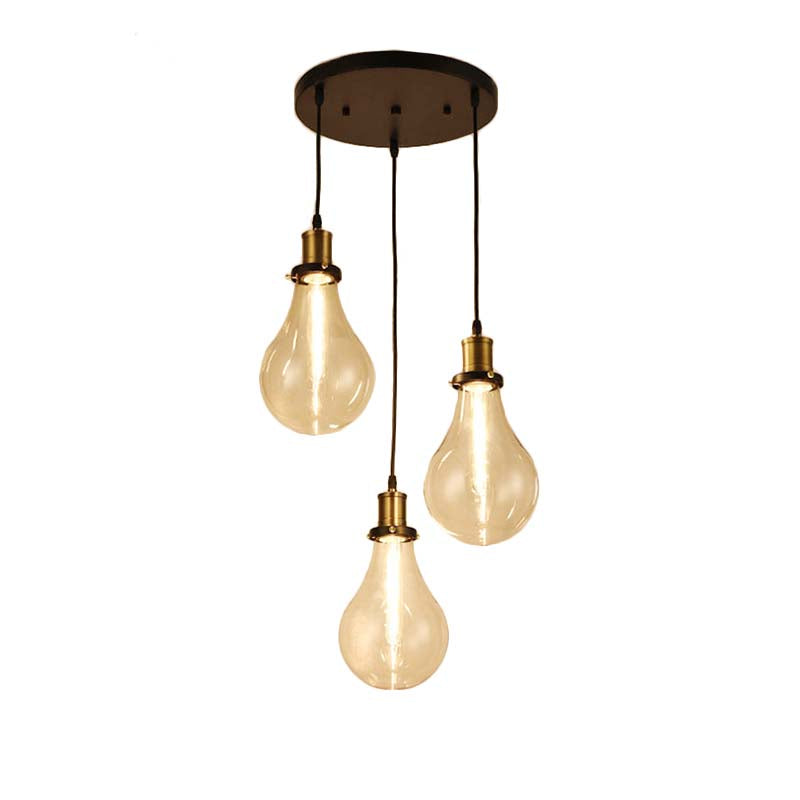 3 Lights Bare Bulb Multi Ceiling Light Industrial Brass Clear Glass Pendant Lighting, Round Canopy Clearhalo 'Ceiling Lights' 'Glass shade' 'Glass' 'Industrial Pendants' 'Industrial' 'Middle Century Pendants' 'Pendant Lights' 'Pendants' 'Tiffany' Lighting' 148306