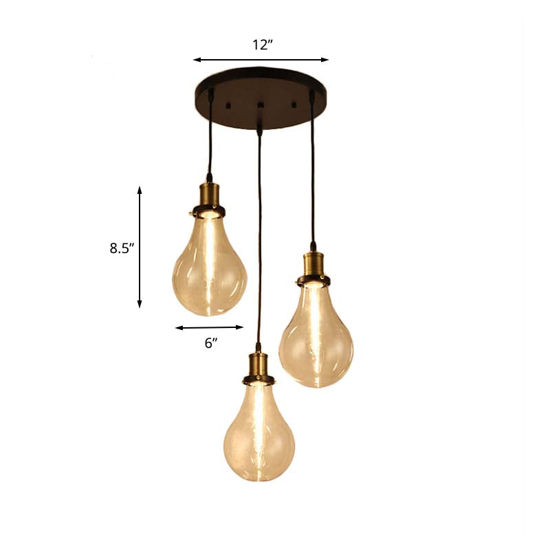 3 Lights Bare Bulb Multi Ceiling Light Industrial Brass Clear Glass Pendant Lighting, Round Canopy Clearhalo 'Ceiling Lights' 'Glass shade' 'Glass' 'Industrial Pendants' 'Industrial' 'Middle Century Pendants' 'Pendant Lights' 'Pendants' 'Tiffany' Lighting' 148307