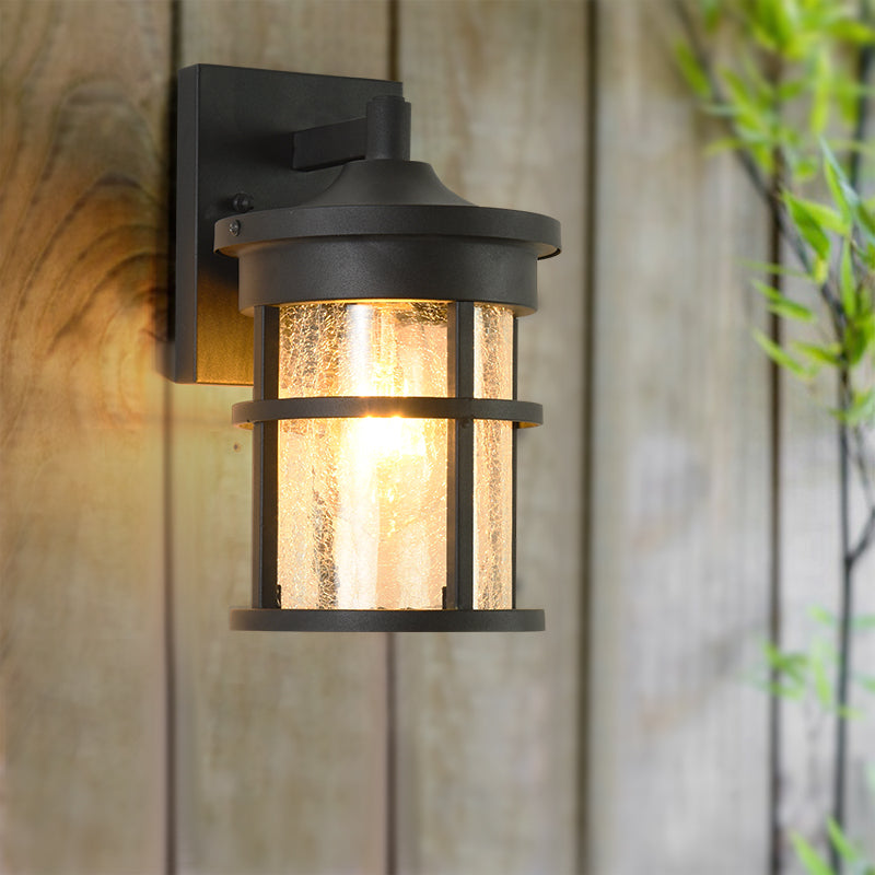 Cylinder Outdoor Wall Light Fixture Vintage Crackle Glass 1 Light Black Sconce Lamp, 6