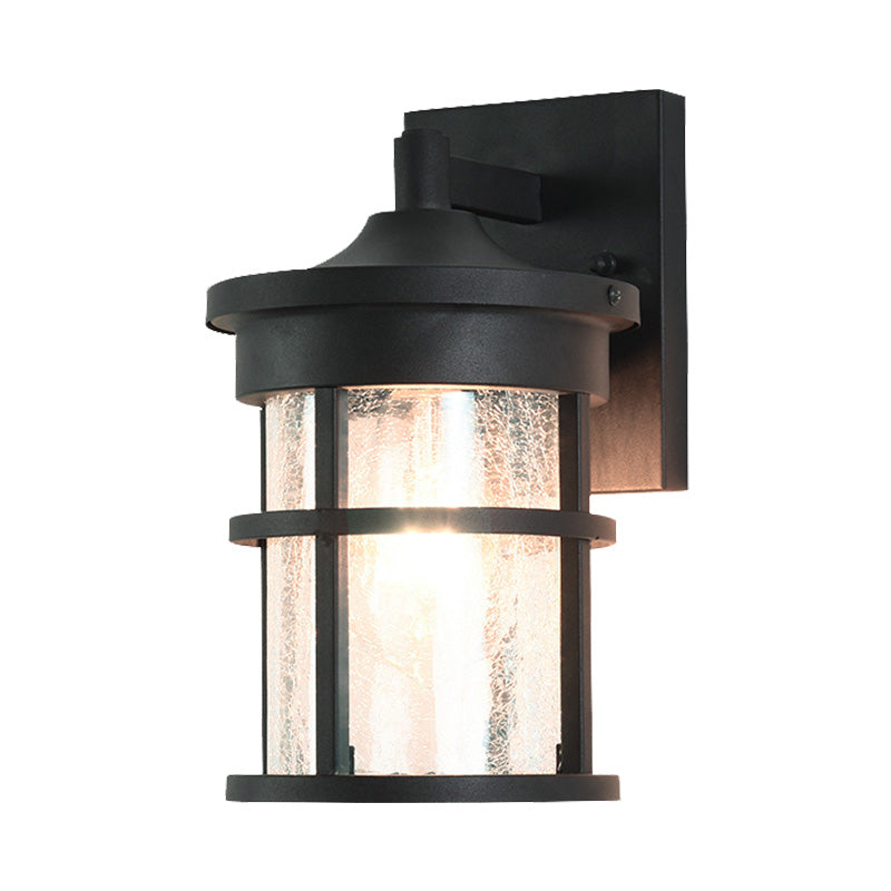 Cylinder Outdoor Wall Light Fixture Vintage Crackle Glass 1 Light Black Sconce Lamp, 6