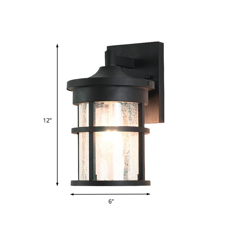 Cylinder Outdoor Wall Light Fixture Vintage Crackle Glass 1 Light Black Sconce Lamp, 6