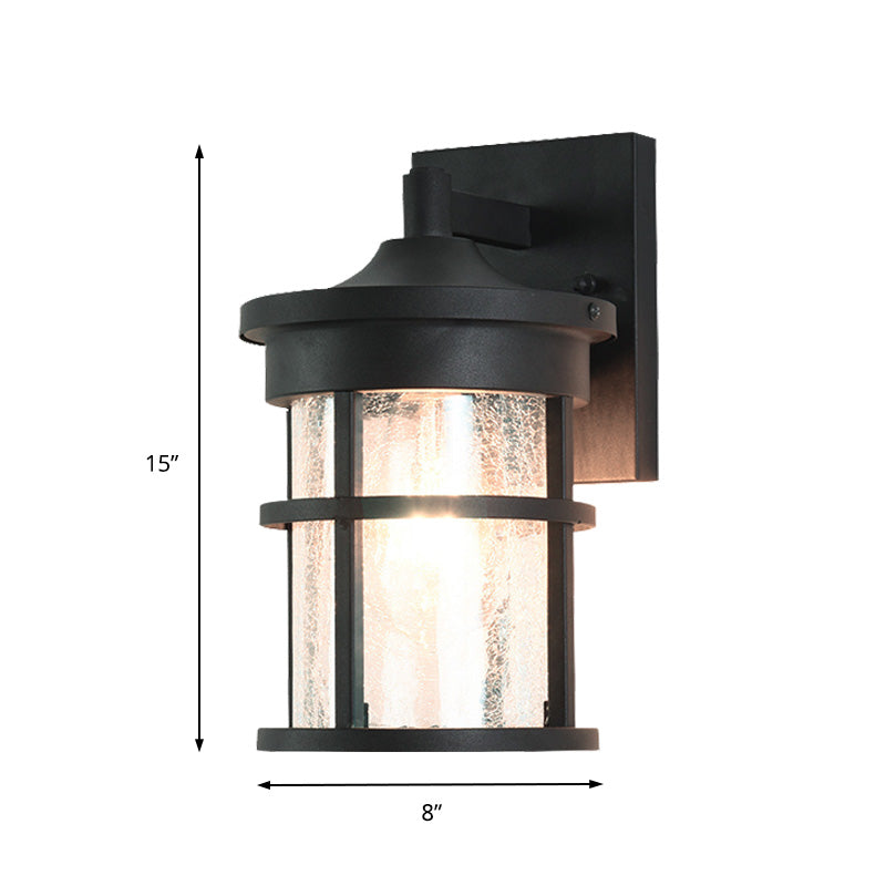 Cylinder Outdoor Wall Light Fixture Vintage Crackle Glass 1 Light Black Sconce Lamp, 6