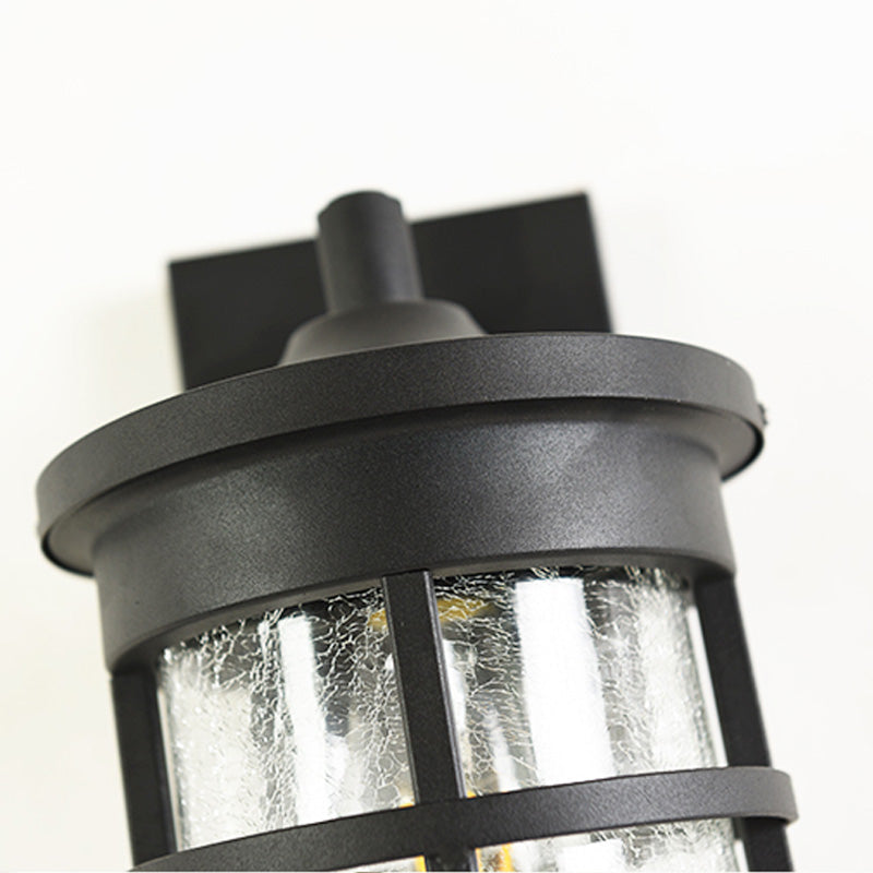 Cylinder Outdoor Wall Light Fixture Vintage Crackle Glass 1 Light Black Sconce Lamp, 6