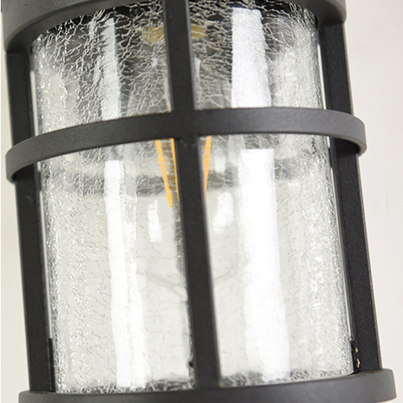 Cylinder Outdoor Wall Light Fixture Vintage Crackle Glass 1 Light Black Sconce Lamp, 6