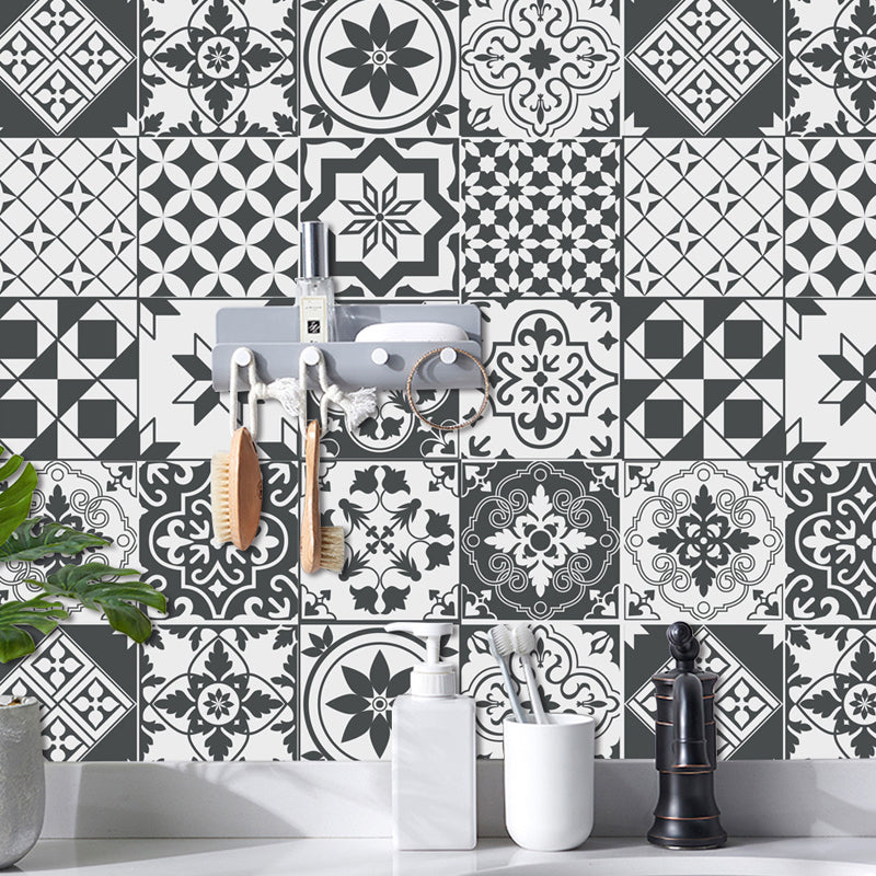 Bohemia Flower Tile Wallpaper Panel Black-White Self Adhesive Wall Art for Kitchen Clearhalo 'Wall Decor' 'Wallpaper' 1500932