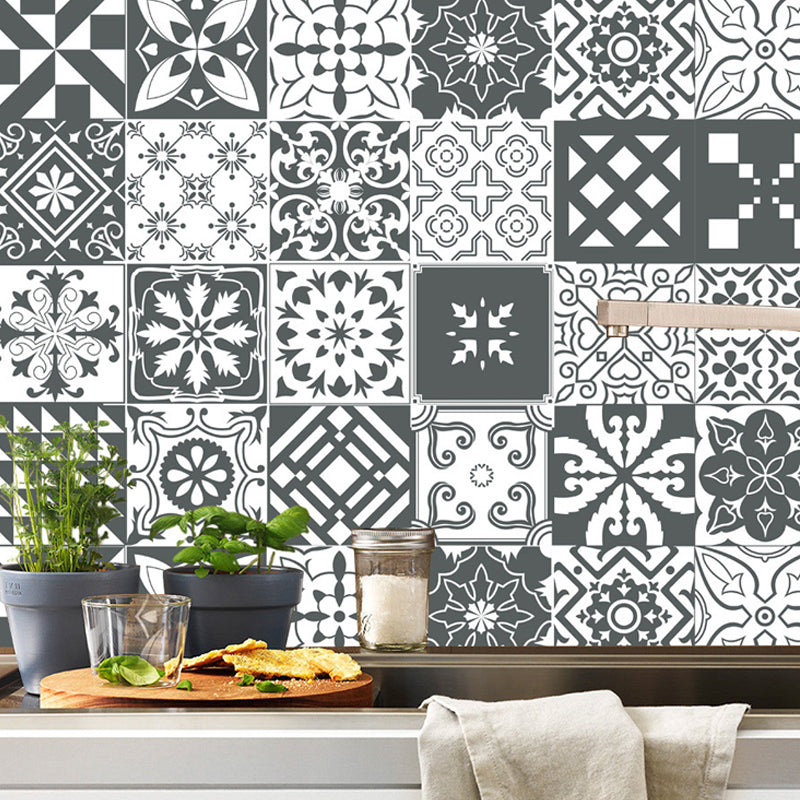 Bohemia Flower Tile Wallpaper Panel Black-White Self Adhesive Wall Art for Kitchen Clearhalo 'Wall Decor' 'Wallpaper' 1500936