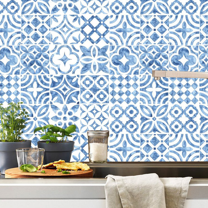 Bohemian Flower Peel Wallpaper Panels Blue Tile Look Wall Art for Living Room (20 Pcs) Blue Clearhalo 'Wall Decor' 'Wallpaper' 1500970