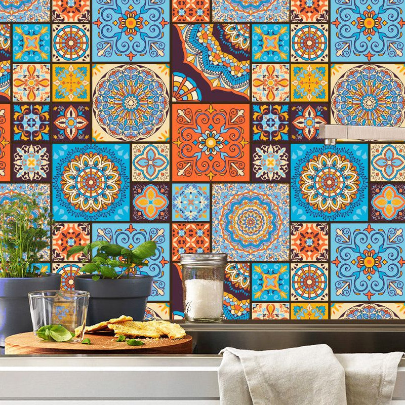 Peel and Stick Mandala Wallpaper Panel 8.6-sq ft Boho Chic Wall Art for Living Room Blue-Orange-Yellow Clearhalo 'Wall Decor' 'Wallpaper' 1500985