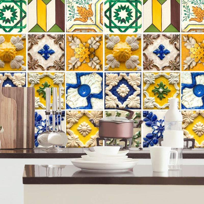 Colorful Faux Moroccan Tile Wallpaper Panel Peel and Paste Wall Decor for Kitchen Blue-Yellow-Green Clearhalo 'Wall Decor' 'Wallpaper' 1500990