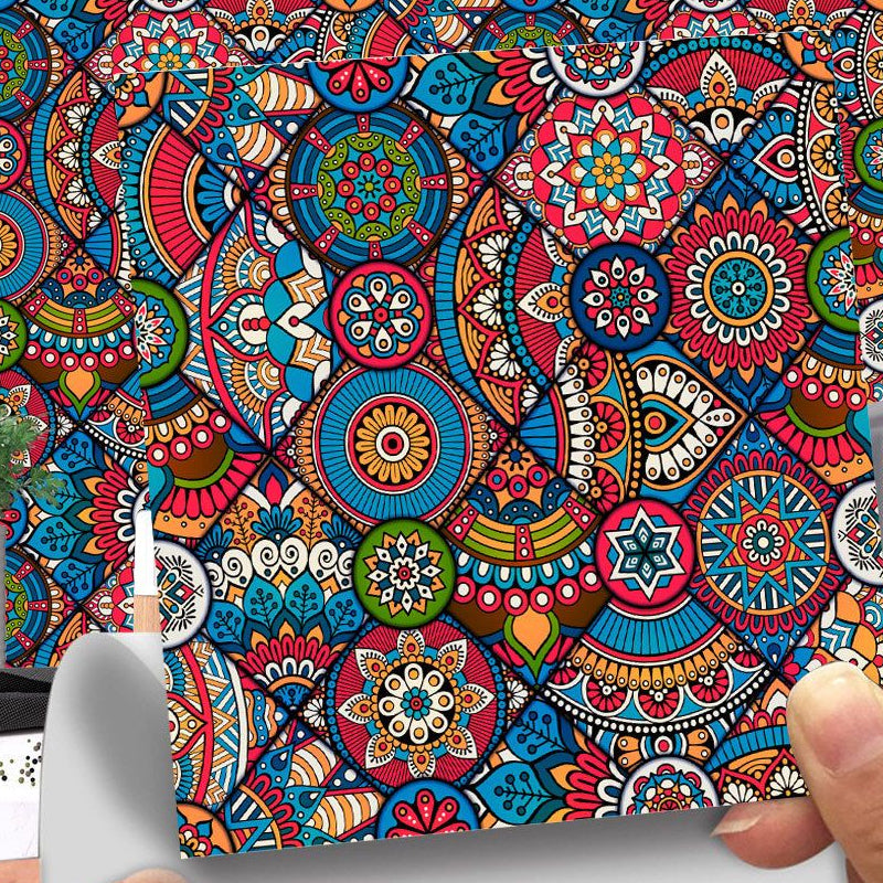 Boho Mandala Peel Wallpaper Panels for Accent Wall 8.6-sq ft Wall Covering in Rose Red-Blue-Green Hot Pink-Blue-Green Clearhalo 'Wall Decor' 'Wallpaper' 1501005