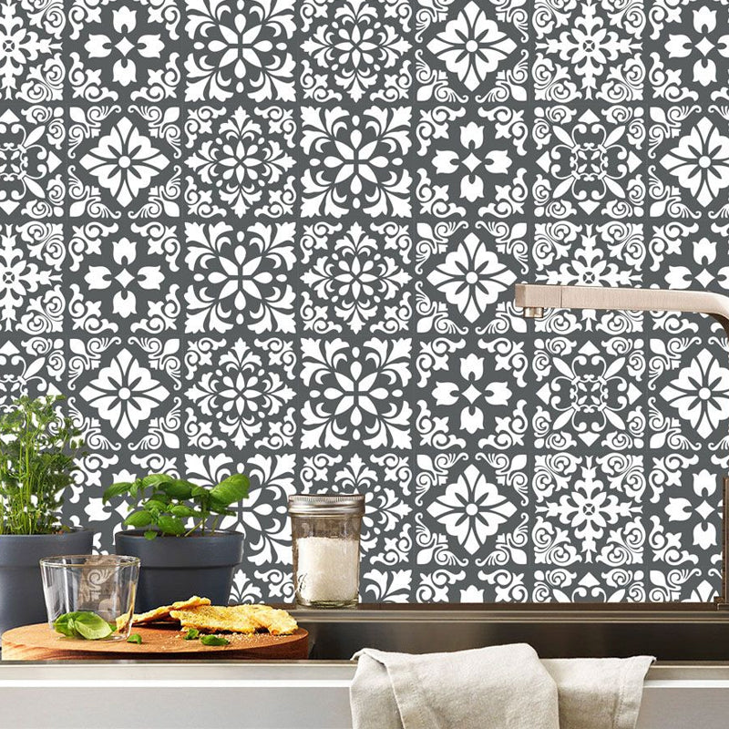 Botanix Moroccan Tile Wallpaper Panels Bohemian PVC Wall Covering in Black-White, Adhesive Black-White Clearhalo 'Wall Decor' 'Wallpaper' 1501020