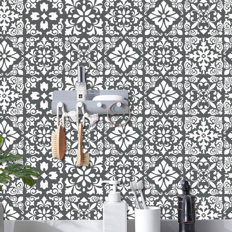 Botanix Moroccan Tile Wallpaper Panels Bohemian PVC Wall Covering in Black-White, Adhesive Clearhalo 'Wall Decor' 'Wallpaper' 1501021