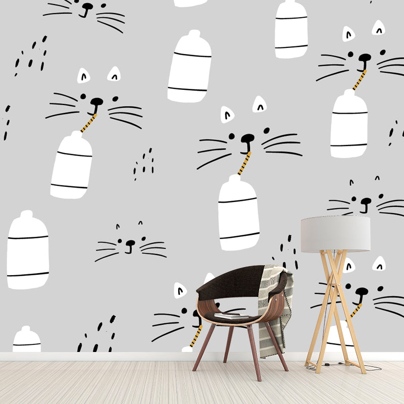 Cartoon Cat Drinking Milk Mural Decal Grey Water Resistant Wall Decor for Baby Room Grey Clearhalo 'Wall Decor' 'Wall Mural' 1501466