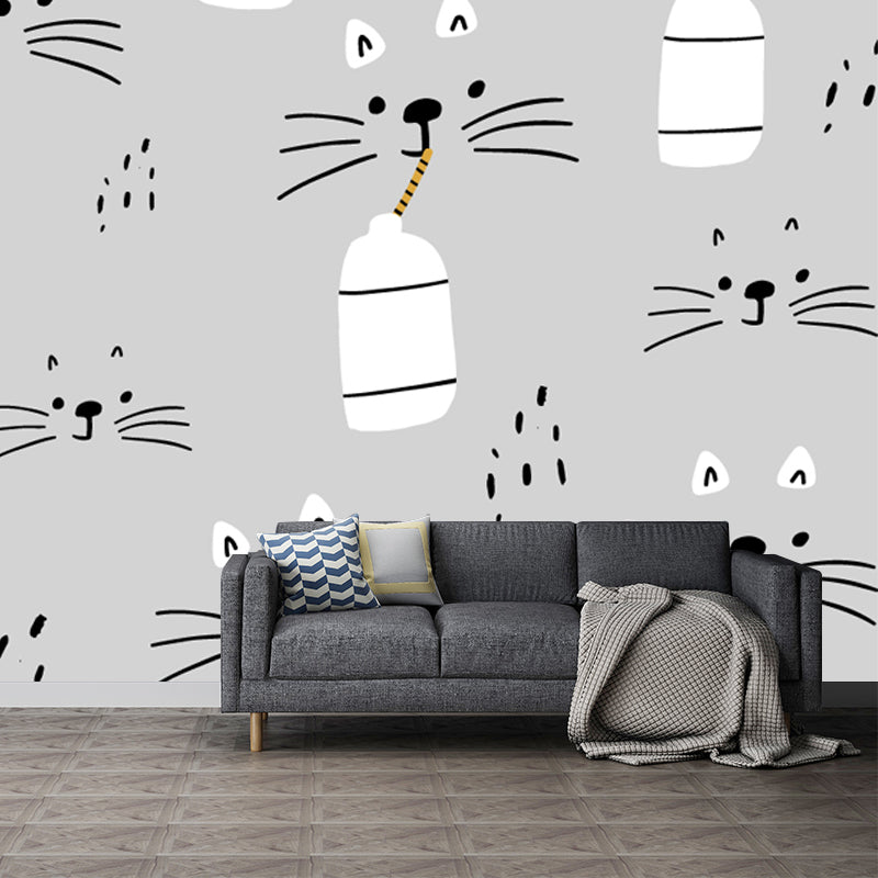 Cartoon Cat Drinking Milk Mural Decal Grey Water Resistant Wall Decor for Baby Room Clearhalo 'Wall Decor' 'Wall Mural' 1501468