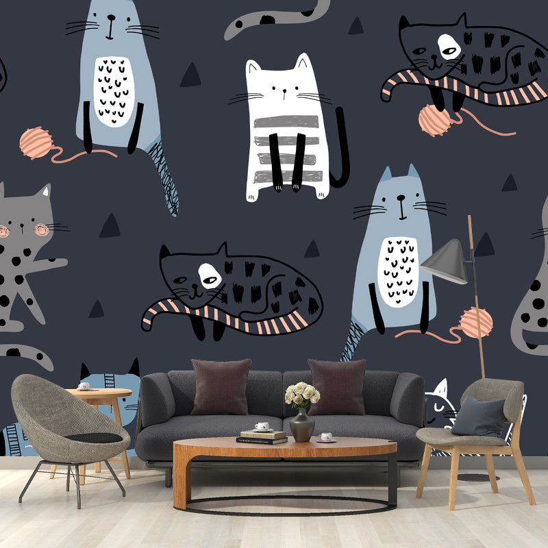 Cat Wall Paper Mural Dark Grey Childrens Art Wall Covering for Kids Bedroom, Non-Woven Dark Gray Clearhalo 'Wall Decor' 'Wall Mural' 1501489