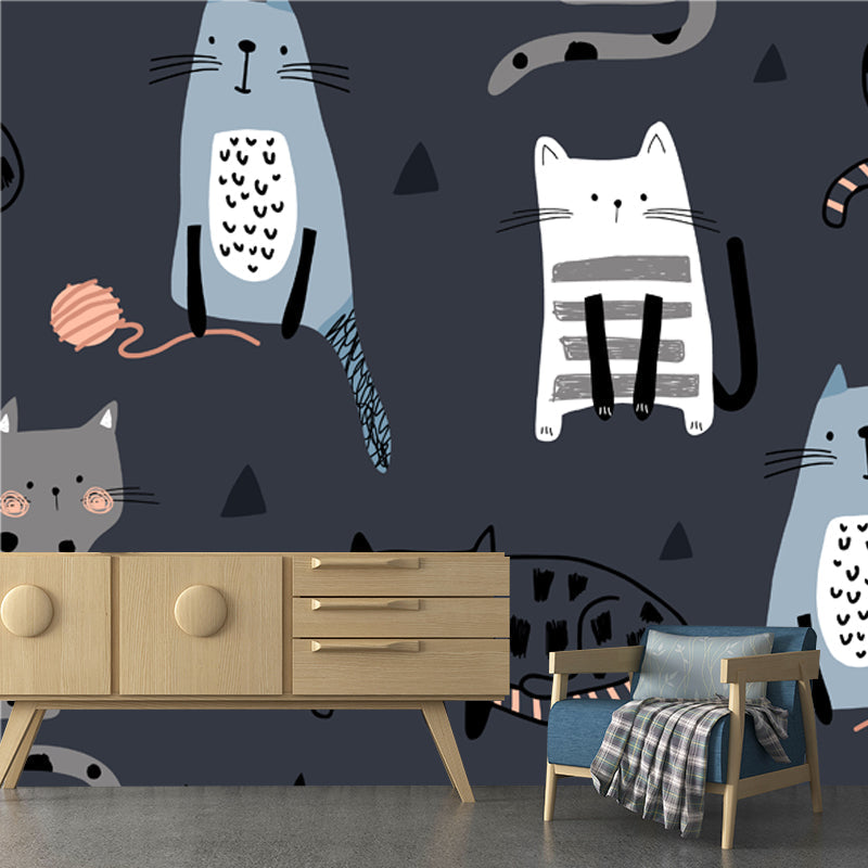 Cat Wall Paper Mural Dark Grey Childrens Art Wall Covering for Kids Bedroom, Non-Woven Clearhalo 'Wall Decor' 'Wall Mural' 1501490