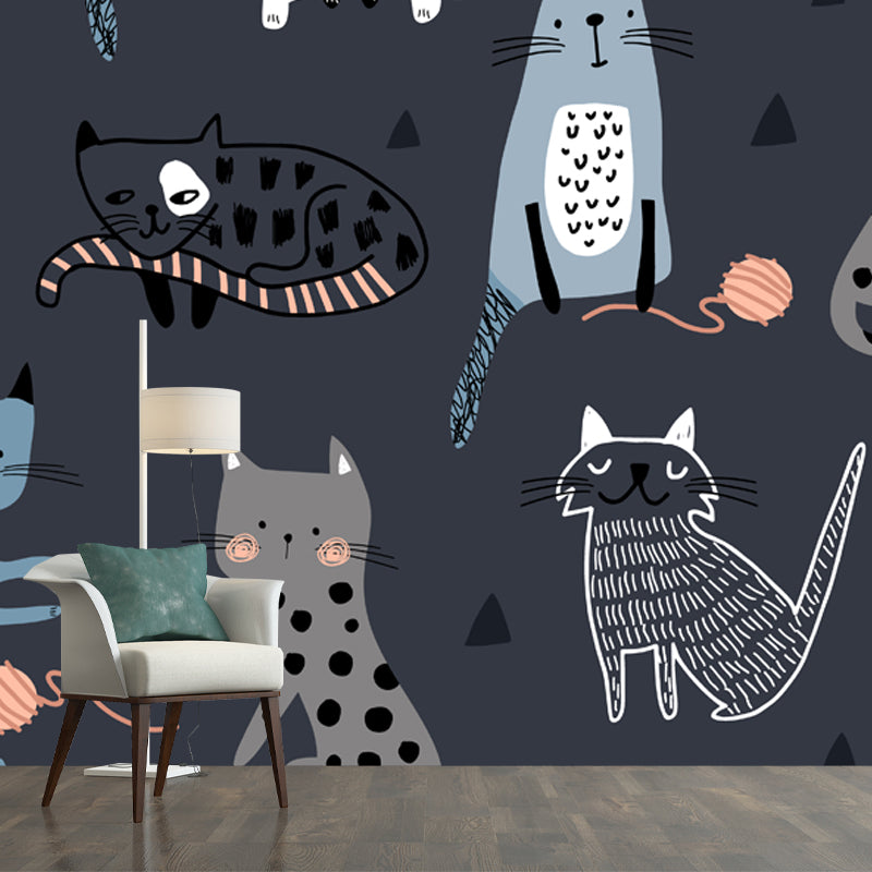 Cat Wall Paper Mural Dark Grey Childrens Art Wall Covering for Kids Bedroom, Non-Woven Clearhalo 'Wall Decor' 'Wall Mural' 1501491