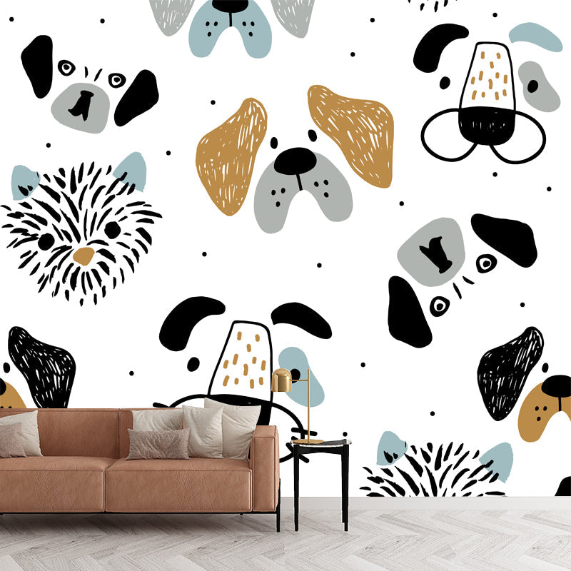 Big Dogs Mural Wallpaper Cartoon Cute Animal Print Wall Art in Black-Orange on White White Clearhalo 'Wall Decor' 'Wall Mural' 1501494