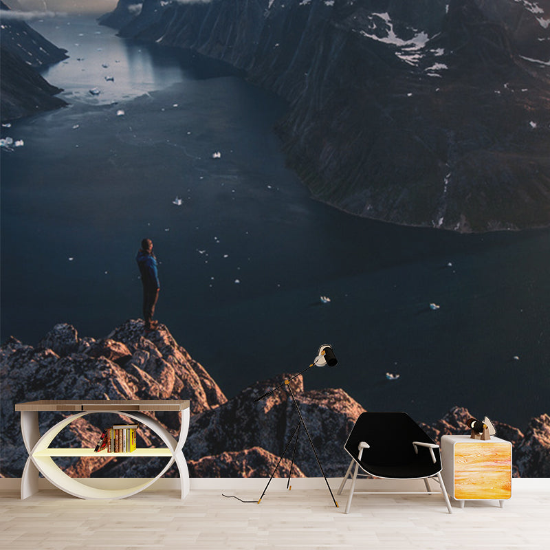 Huge Modern Mural in Black Man Stand on Peak by the Riverside with Snow Melting Wall Decor, Custom Made Clearhalo 'Wall Decor' 'Wall Mural' 1501730