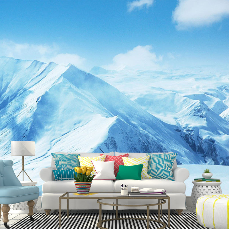 Huge Snowy Mountains Mural Wallpaper Blue Non-Woven Wall Covering, Washable, Custom Made Blue Clearhalo 'Wall Decor' 'Wall Mural' 1501754