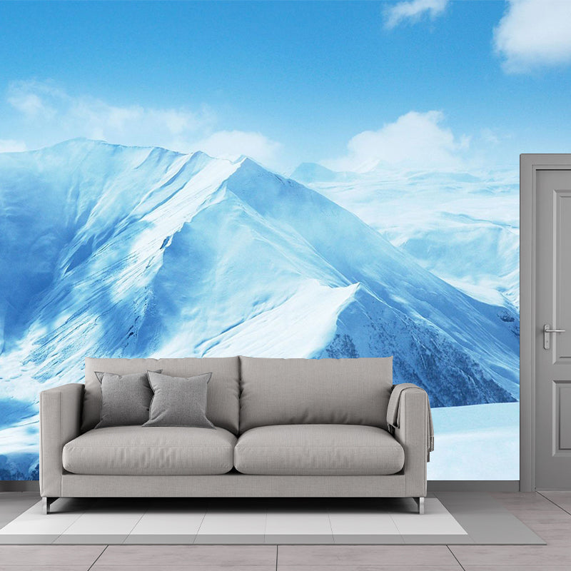 Huge Snowy Mountains Mural Wallpaper Blue Non-Woven Wall Covering, Washable, Custom Made Clearhalo 'Wall Decor' 'Wall Mural' 1501756