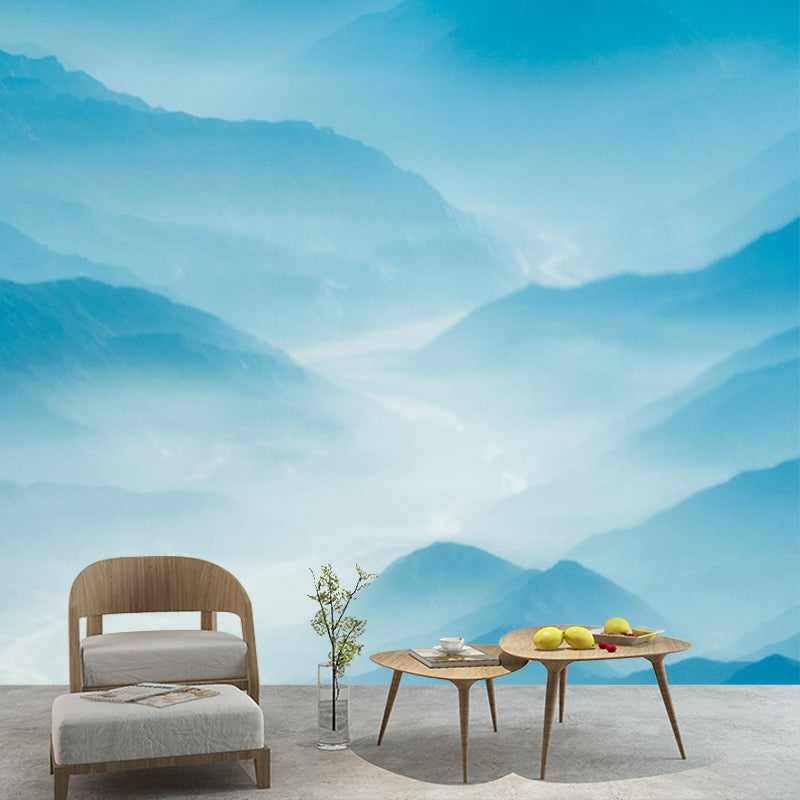 Modern Landscape Wallpaper Mural Blue Smoggy Mountain with Curved River Wall Art Blue Clearhalo 'Wall Decor' 'Wall Mural' 1501764