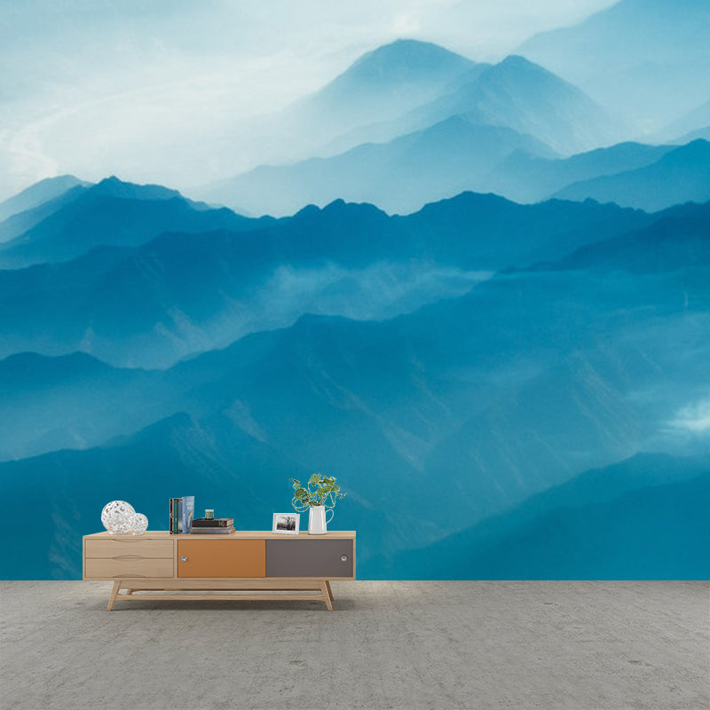 Modern Landscape Wallpaper Mural Blue Smoggy Mountain with Curved River Wall Art Clearhalo 'Wall Decor' 'Wall Mural' 1501766