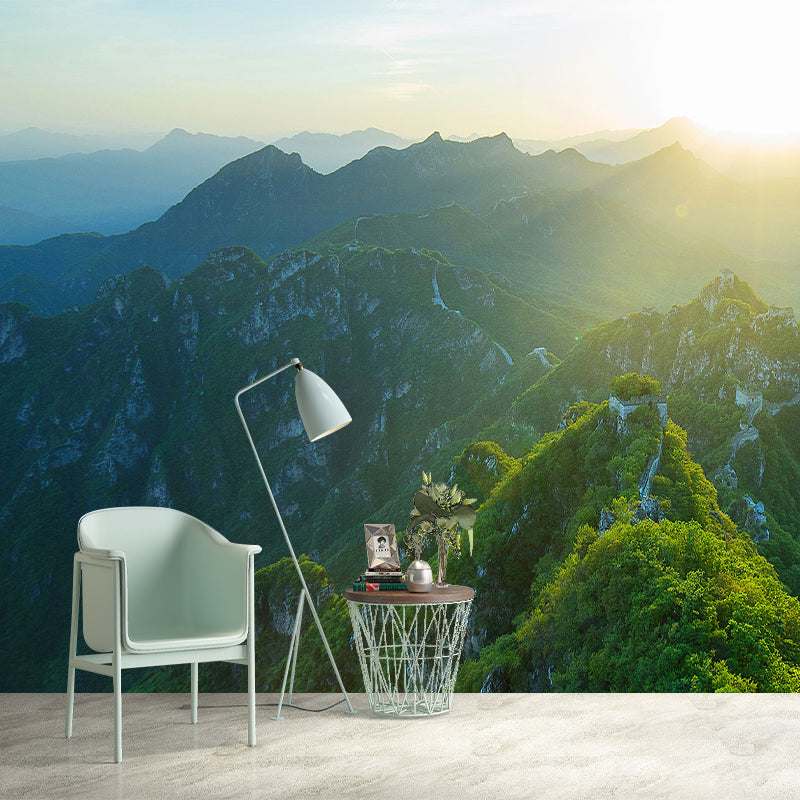 Full-Size Scenic View Mural for Home Sunrise in the Great Wall Wall Decor in Green, Waterproof Green Clearhalo 'Wall Decor' 'Wall Mural' 1501769