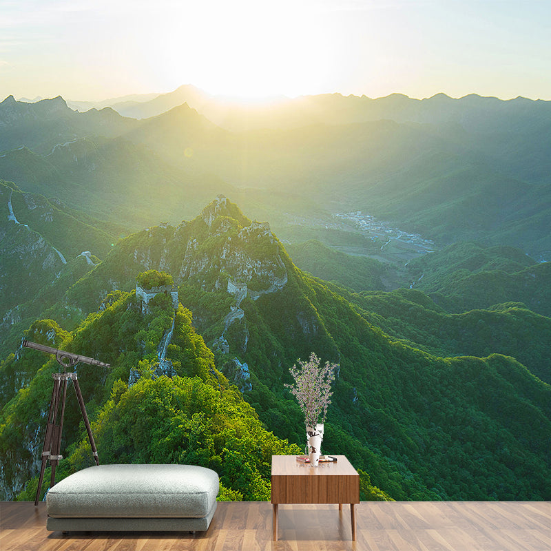 Full-Size Scenic View Mural for Home Sunrise in the Great Wall Wall Decor in Green, Waterproof Clearhalo 'Wall Decor' 'Wall Mural' 1501770